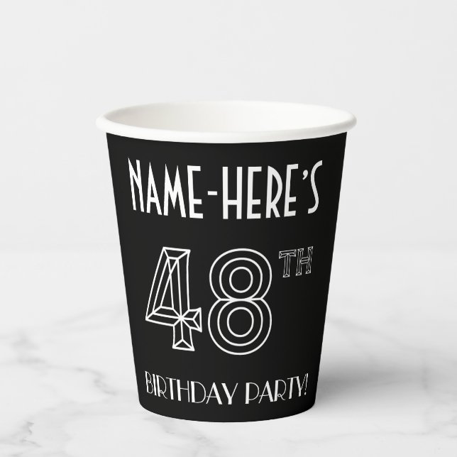 48th Birthday Party: Art Deco Style + Custom Name Paper Cups (Front)