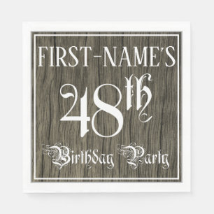 48th Birthday Party — Fancy Script, Faux Wood Look Napkin