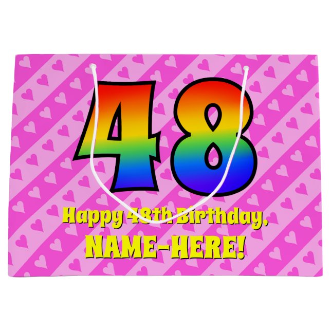 48th Birthday: Pink Stripes & Hearts, Rainbow # 48 Large Gift Bag (Front)