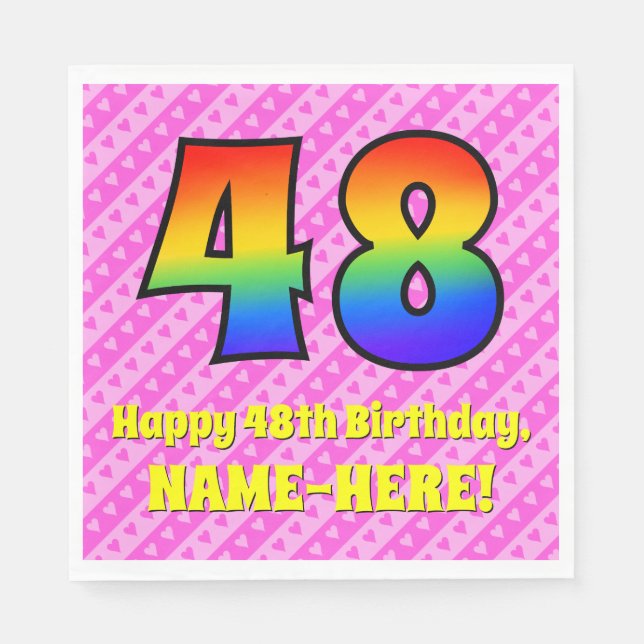 48th Birthday: Pink Stripes & Hearts, Rainbow # 48 Napkin (Front)
