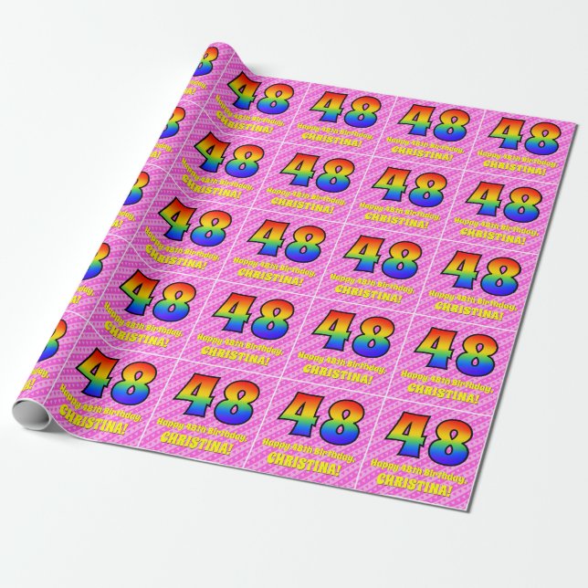 48th Birthday: Pink Stripes & Hearts, Rainbow # 48 Wrapping Paper (Unrolled)