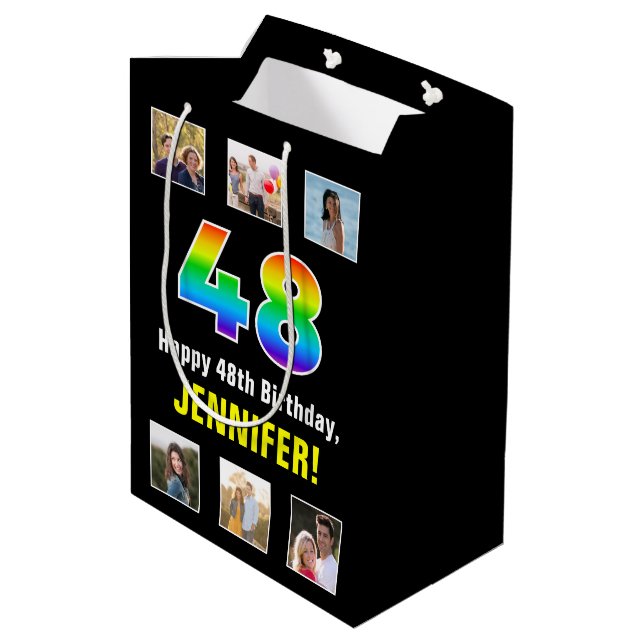 48th Birthday: Rainbow “48“, Custom Photos & Name Medium Gift Bag (Back Angled)