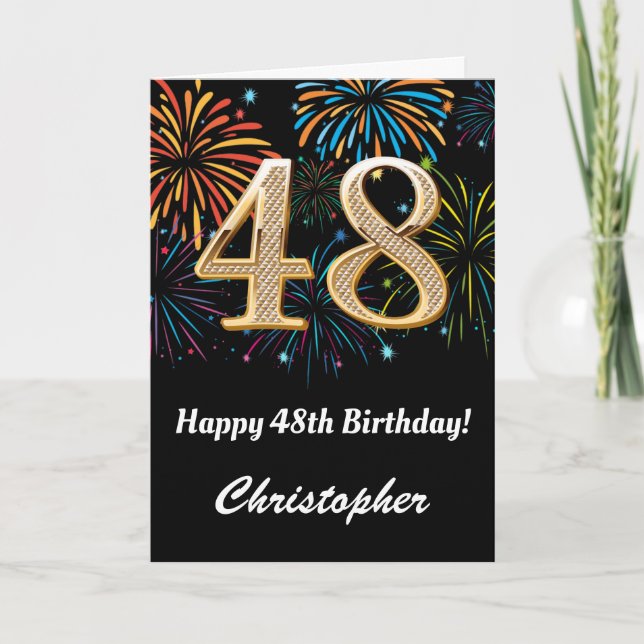 48th Birthday Rainbow Fireworks Black and Gold Card (Front)