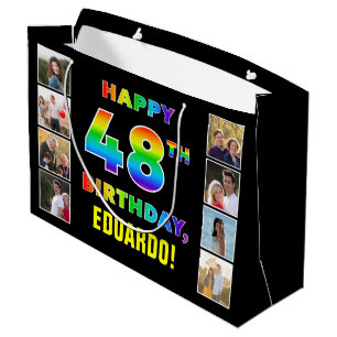 48th Birthday: Rainbow Text, Custom Photos & Name Large Gift Bag