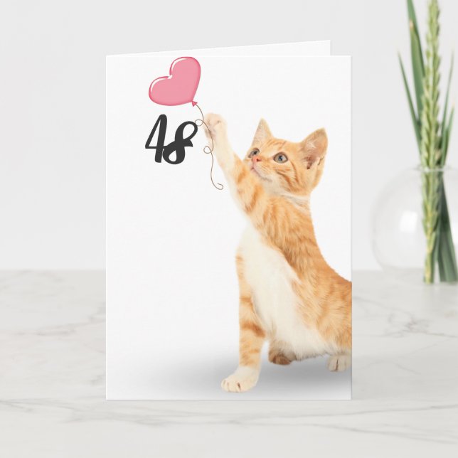 48th birthday tabby cat with heart balloon card (Front)
