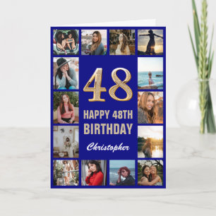 48th Happy Birthday Navy Blue & Gold Photo Collage Card
