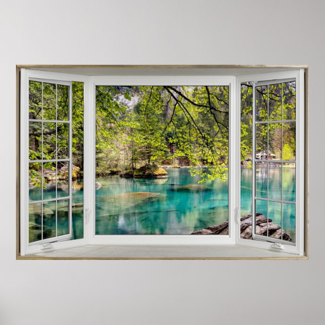 48x32 Bay Window Illusion Calming Lake Poster (Front)