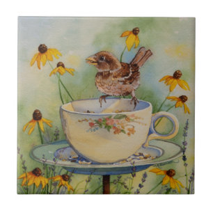 4920 Sparrow on Teacup Feeder with Coneflowers Tile