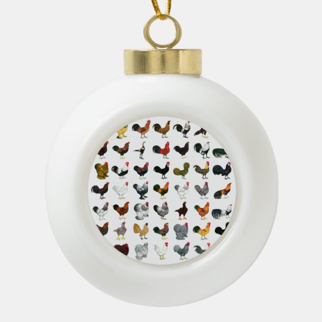 49 Roosters Ceramic Ball Christmas Ornament (Front)