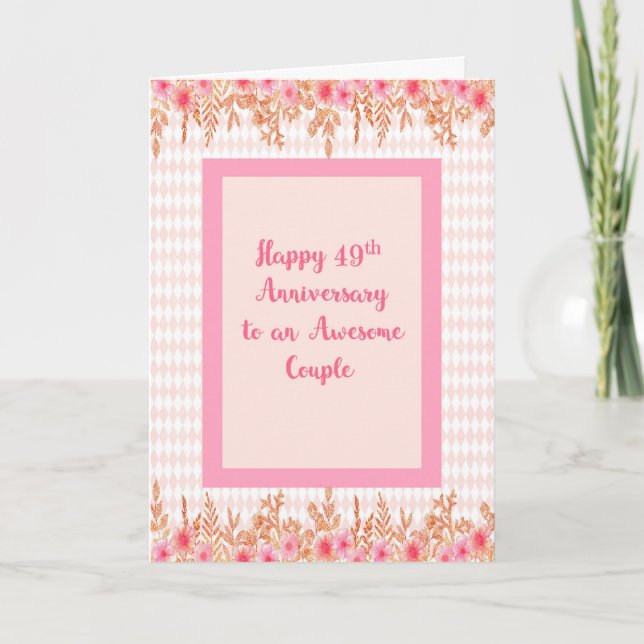 49th Anniversary Card in Pink with Floral Borders (Front)