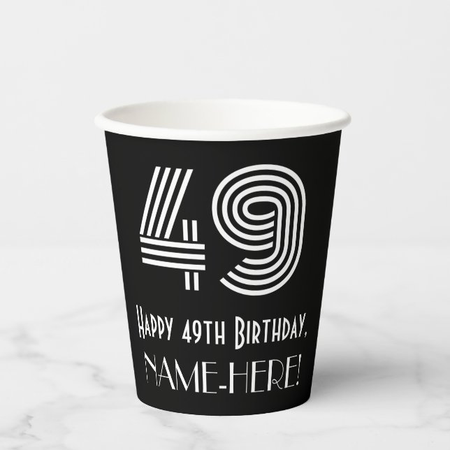 49th Birthday — Art Deco Inspired Look “49” + Name Paper Cups (Front)