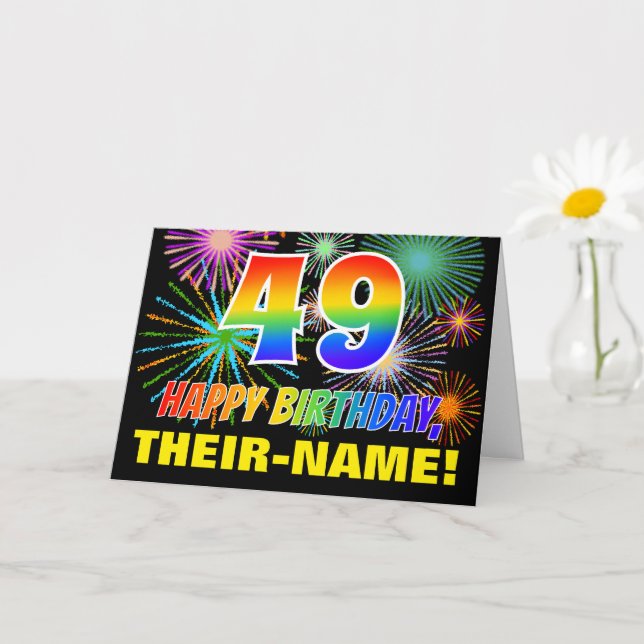 49th Birthday: Bold, Fun, Fireworks, Rainbow 49 Card (Small Plant)