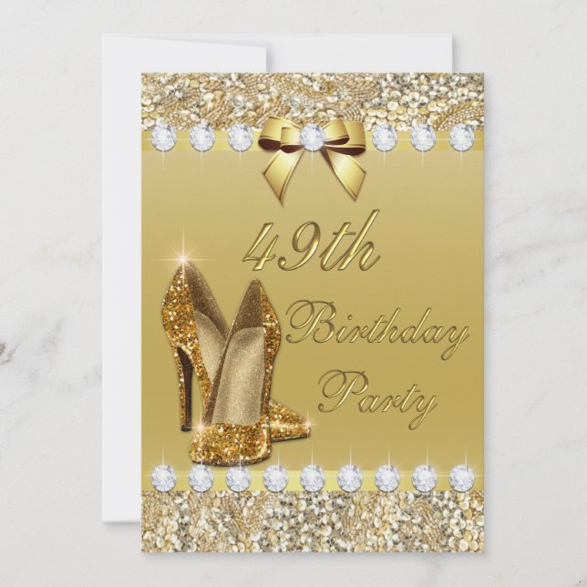 49th Birthday Classy Gold Heels Sequins Diamonds Invitation (Front)