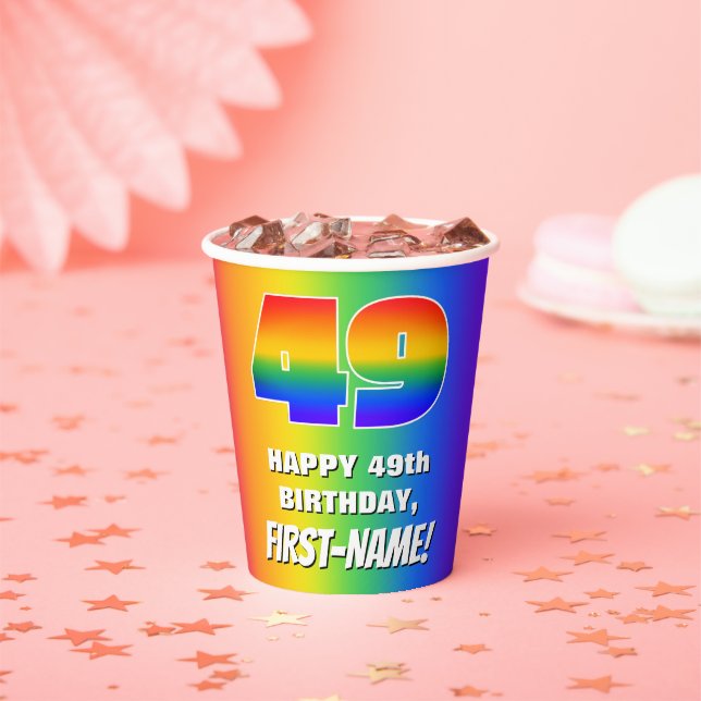 49th Birthday: Colorful, Fun Rainbow Pattern # 49 Paper Cups (Insitu)