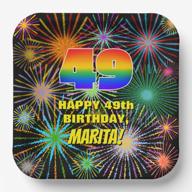 49th Birthday: Colourful, Fun Celebratory Firework Paper Plate (Front)