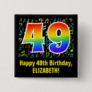 49th Birthday: Colourful Music Symbols, Rainbow 49 15 Cm Square Badge