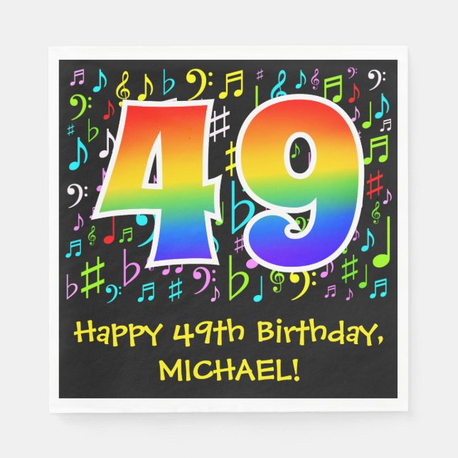 49th Birthday - Colourful Music Symbols, Rainbow 4 Napkin (Front)