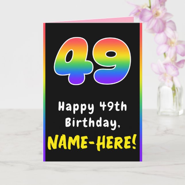 49th Birthday: Colourful Rainbow # 49, Custom Name Card (Orchid)