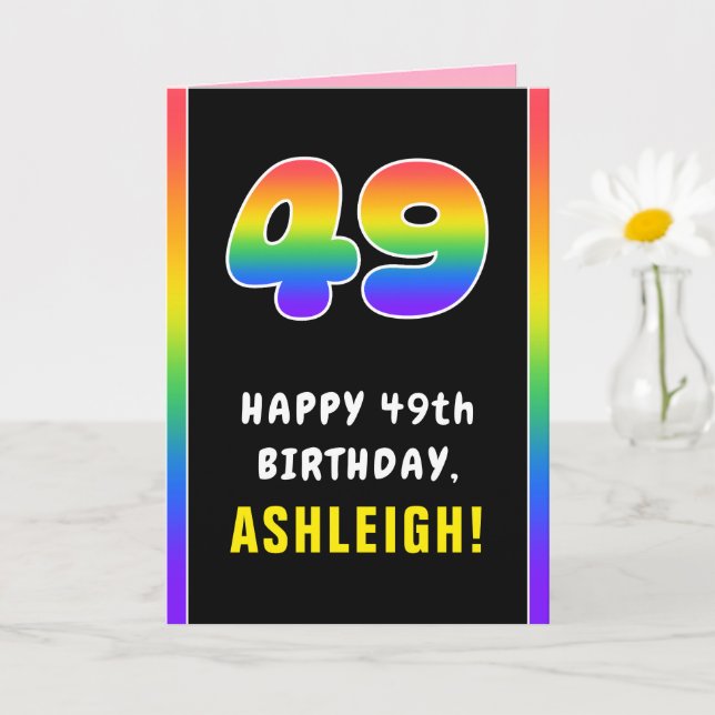 49th Birthday: Colourful Rainbow # 49, Custom Name Card (Small Plant)