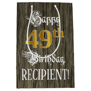 49th Birthday: Faux Gold Look & Faux Wood Pattern Medium Gift Bag