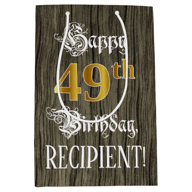 49th Birthday: Faux Gold Look & Faux Wood Pattern Medium Gift Bag (Front)