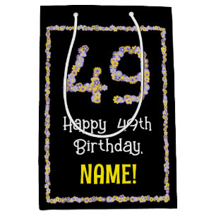 49th Birthday: Floral Flowers Number, Custom Name Medium Gift Bag