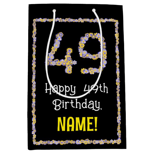 49th Birthday: Floral Flowers Number, Custom Name Medium Gift Bag (Front)