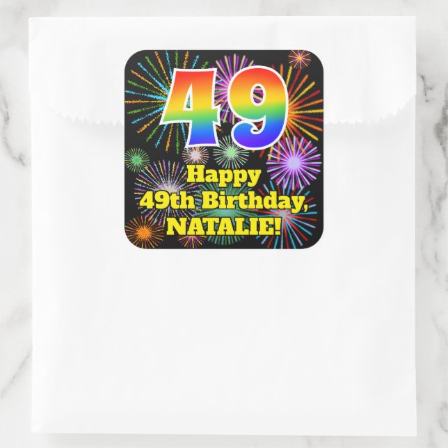 49th Birthday: Fun Fireworks Look, Rainbow # 49 Square Sticker (Bag)