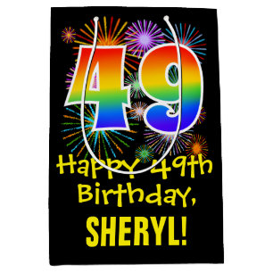 49th Birthday: Fun Fireworks Pattern + Rainbow 49 Medium Gift Bag