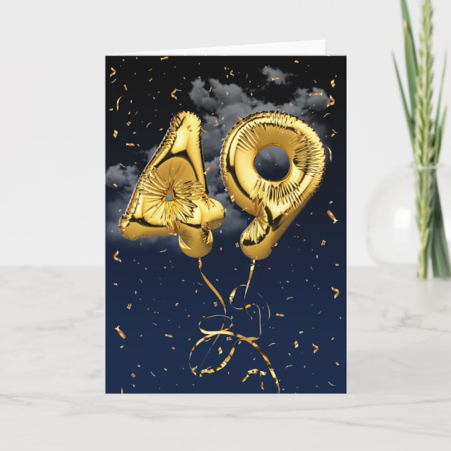 49th Birthday Gold Mylar Balloon and Confetti Card (Front)