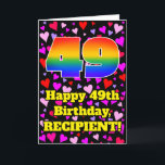 49th Birthday: Loving Hearts Pattern, Rainbow # 49 Card<br><div class="desc">The front of this happy and joyful birthday greeting card design features a large number “49” having a rainbow spectrum gradient inspired pattern. It also features the message “Happy 49th Birthday, ”, and a personalised name. The background of the front features a pattern of heart shapes with colours like purple,...</div>
