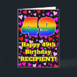 49th Birthday: Loving Hearts Pattern, Rainbow # 49 Card<br><div class="desc">The front of this happy and joyful birthday greeting card design features a large number “49” having a rainbow spectrum gradient inspired pattern. It also features the message “Happy 49th Birthday, ”, and a personalised name. The background of the front features a pattern of heart shapes with colours like purple,...</div>