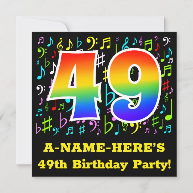 49th Birthday Party: Fun Music Symbols, Rainbow 49 Invitation (Front)