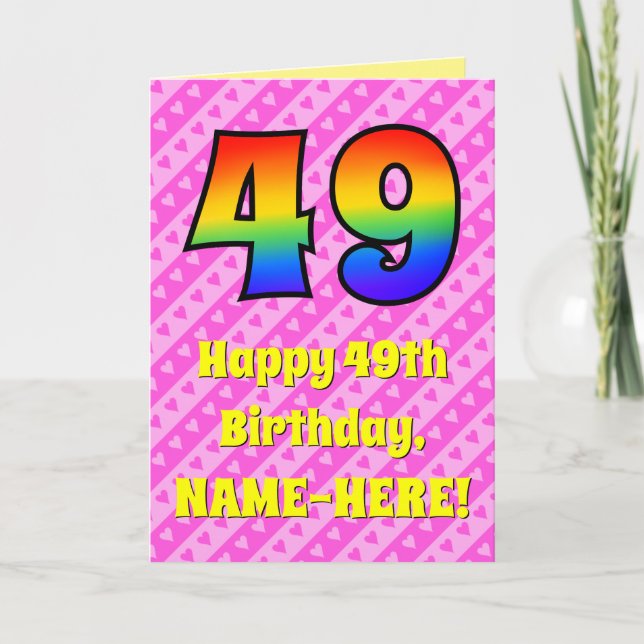 49th Birthday: Pink Stripes & Hearts, Rainbow # 49 Card (Front)