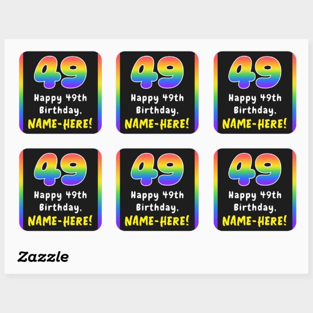 49th Birthday: Rainbow Spectrum # 49, Custom Name Square Sticker (Sheet)