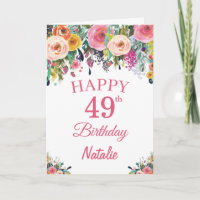 49th Birthday Watercolor Floral Flowers Pink Card