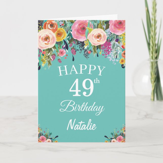 49th Birthday Watercolor Floral Flowers Teal Card (Front)