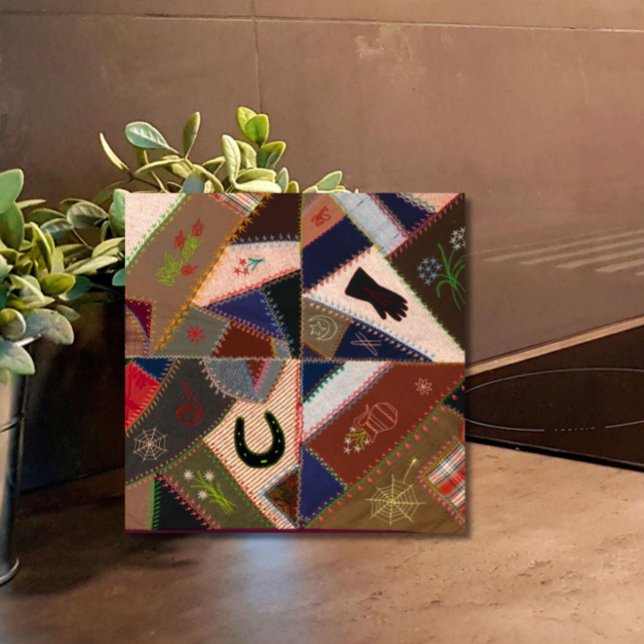 4.25" Lucky Horseshoe Vintage Patchwork Quilt Tile (Add warmth and whimsy to your tiled space with this lucky horseshoe vintage patchwork quilt tile!)
