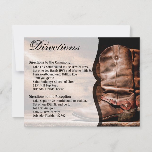 4.25x5.5 Direction Card Cowboy Boots Barn Wood Rus (Front)