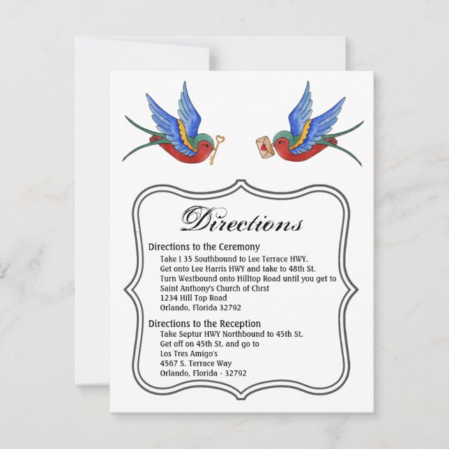 4.25x5.5 Direction Card Traditional Bird Tattoo Sp (Front)