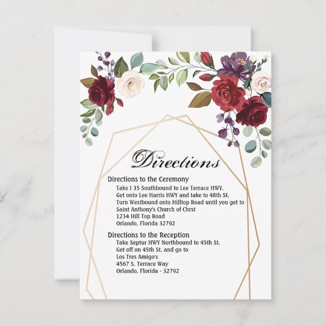 4.25x5.5 Direction Card White Roses Gold Geometric (Front)