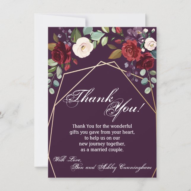 4.5x6.25 Thank You Card Plum Purple Roses Gold Geo (Front)