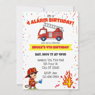 4 Alarm Fire Fighter 4th Birthday Invitation