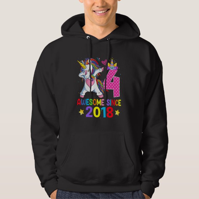 4 Awesome Since 2018 Dabbing Unicorn 4th Birthday  Hoodie (Front)