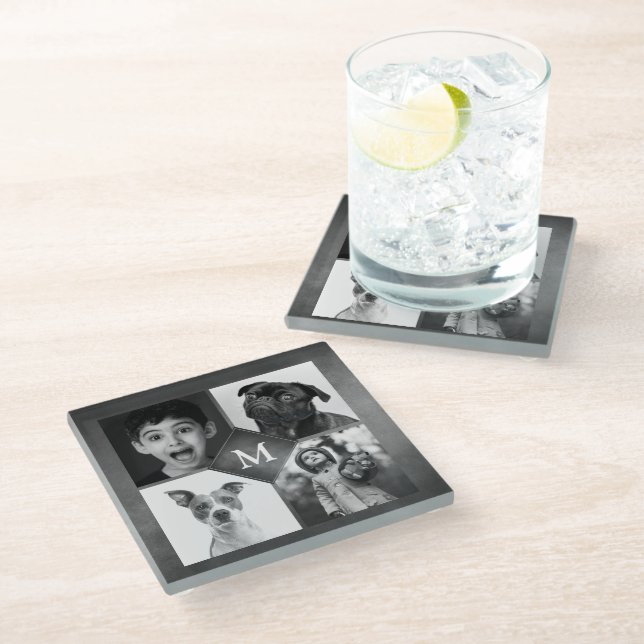4 Black White Photo Collage Monogram Keepsake Glass Coaster (Angled)