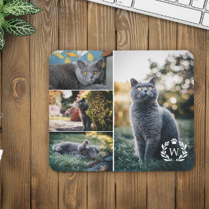4 Cat Photo Collage Paw Laurel Wreath Monogram Mouse Pad