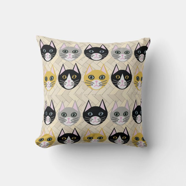 4 Cats, Herringbone Beige Cushion (Front)