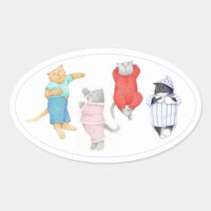 4 CATS IN PAJAMAS Oval Stickers