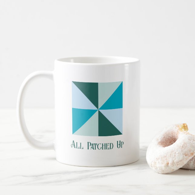 4 Colour Pinwheel Quilt Block with Custom Text Lin Coffee Mug (With Donut)