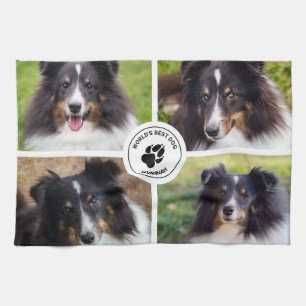 4 Custom Pet Photos Collage Template & Text Tea Towel